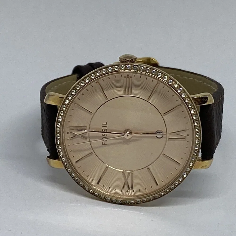 Fossil Jacqueline ES3546 Women Brown Leather Analog Rose Dial Quartz Watch WO50